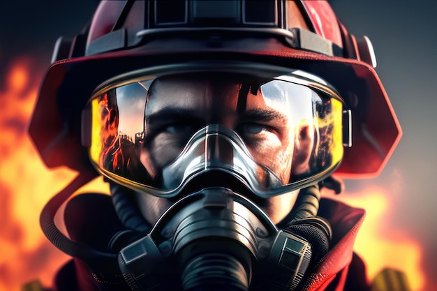 Foto bombero con casco y máscara de protección de oxígeno y fuego sobre fondo borroso
