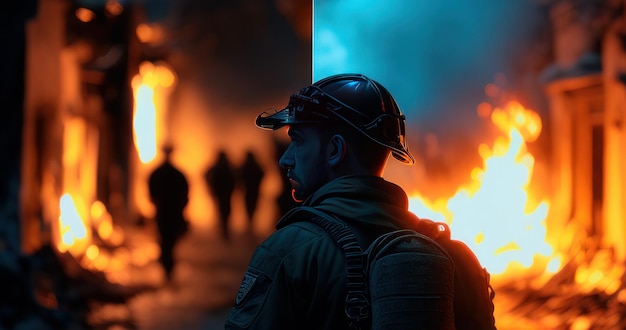 bombero con casco y máscara de protección de oxígeno y fuego sobre fondo borroso