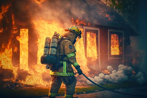 Un bombero combate el fuego con una manguera de agua cerca de una casa en llamas