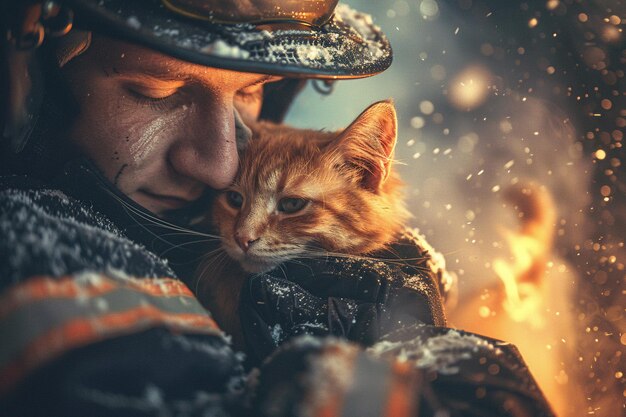 Bombero consolando a un gato en medio de chispas con IA generada