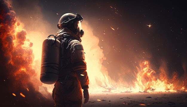 El bombero contempla las enormes llamas y el humo del gran incendio IA generativa