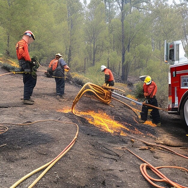 Foto el bombero da agua al fuego del bosque