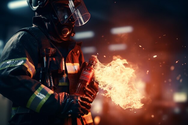 Un bombero demostrando el uso de un fuego Generativo ai