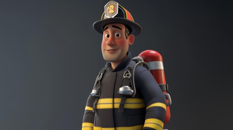 Foto bombero de dibujos animados en animación de cuerpo completo hd 4k render