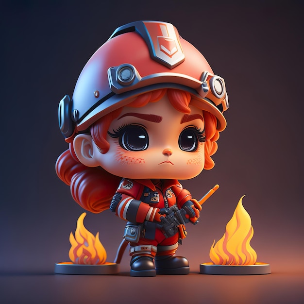 Un bombero de dibujos animados con un casco de bombero y un extintor.