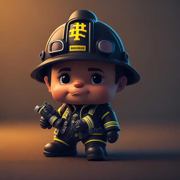 Un bombero de dibujos animados con un uniforme de bombero con la palabra bombero en él.