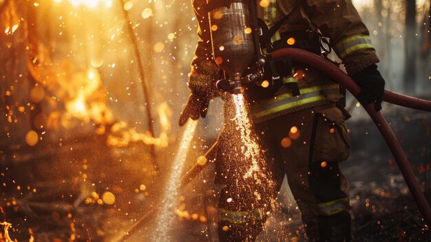 El bombero enfocado apaga las llamas en un primer plano capturando equipos reflectantes y gotas de agua en el aire