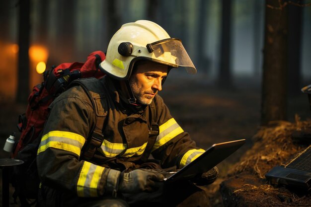 Foto bombero enfocado usando una tableta durante la operación de incendios forestales