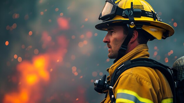 Foto un bombero con equipo de protección está de pie frente a un incendio forestal furioso