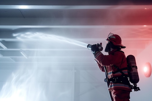 El bombero está apagando dentro del edificio.