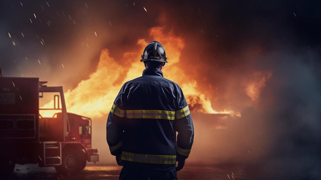 un bombero está de pie frente a un fuego ardiente