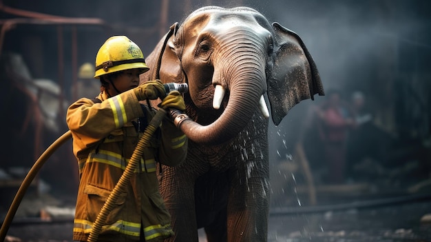 un bombero está rociando agua sobre un elefante.
