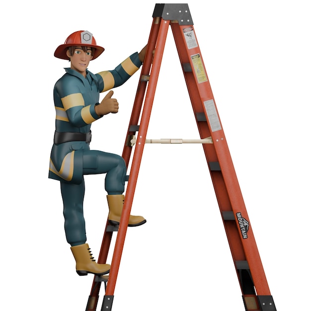 Un bombero está subiendo una escalera en forma de la letra A mientras la mano derecha está apuntando con el pulgar