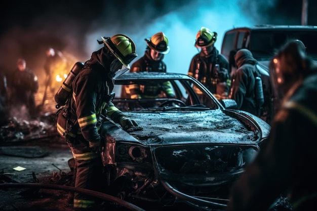 Bombero extinguiendo un auto después de un accidente generativo ai