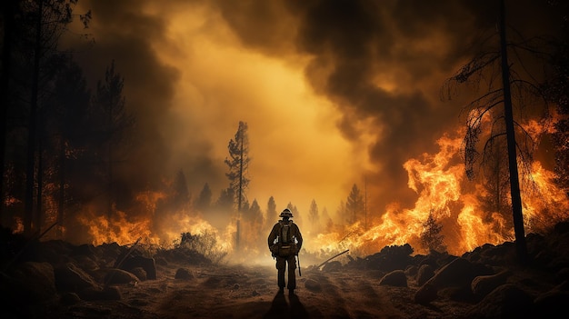 bombero en el fondo de una vista de incendio forestal desde la parte trasera