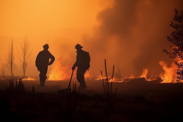 Un bombero se para frente a un campo en llamas.