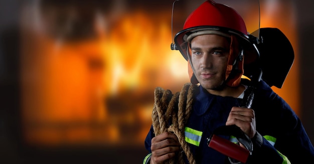 Bombero frente a fuego ardiente