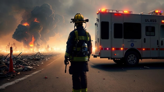 Un bombero se para frente a un fuego en llamas.