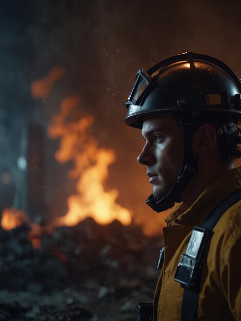 un bombero frente a un fuego con las palabras fuego en él