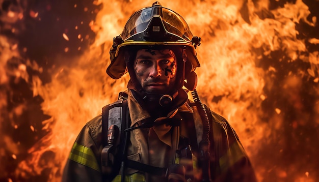 Un bombero se para frente a un fuego que está ardiendo.