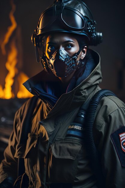 Bombero con fuego de fondo IA generativa