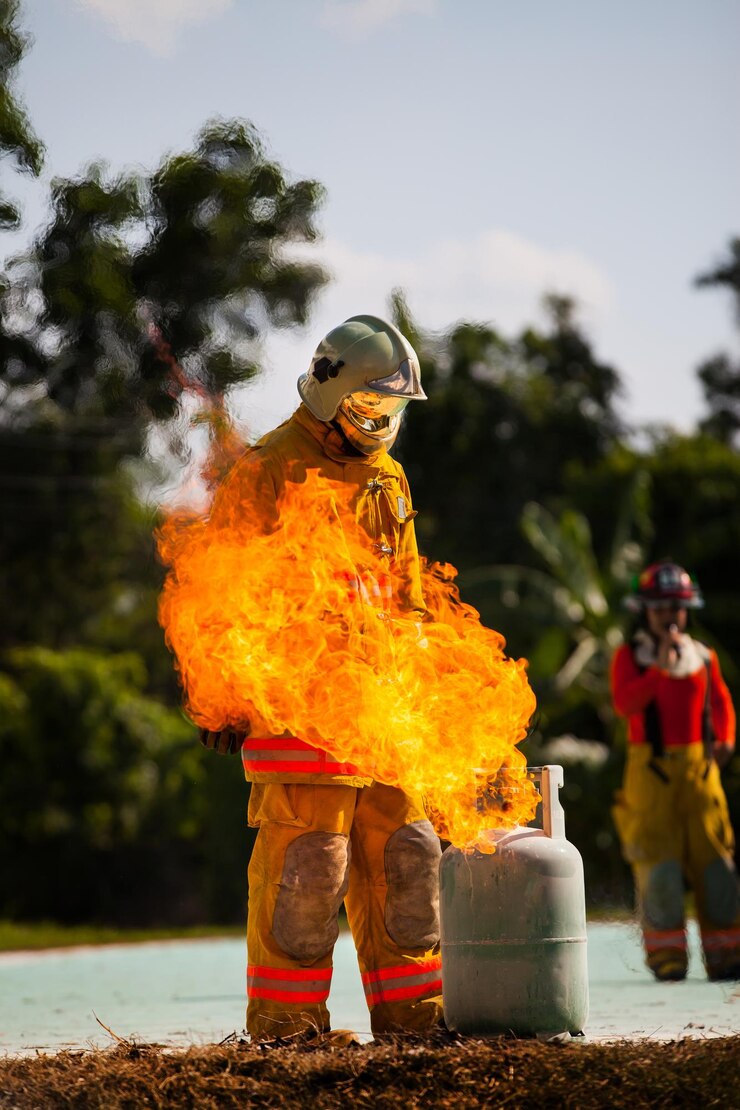 Bombero con fuego y traje para proteger al bombero para entrenar a los bomberos