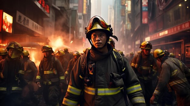 Foto bombero hombre con fondo de fuego