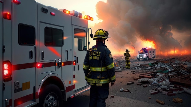 Bombero en un incendio con vehículos de emergencia al fondo