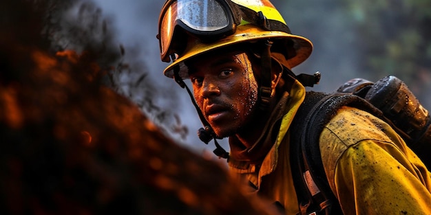 Un bombero ingresa al fuego para buscar posibles sobrevivientes mientras IA generativa