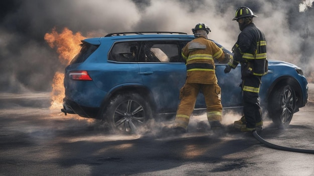 Bombero intentando extinguir un coche ardiendo por las llamas y el humo por todas partes.