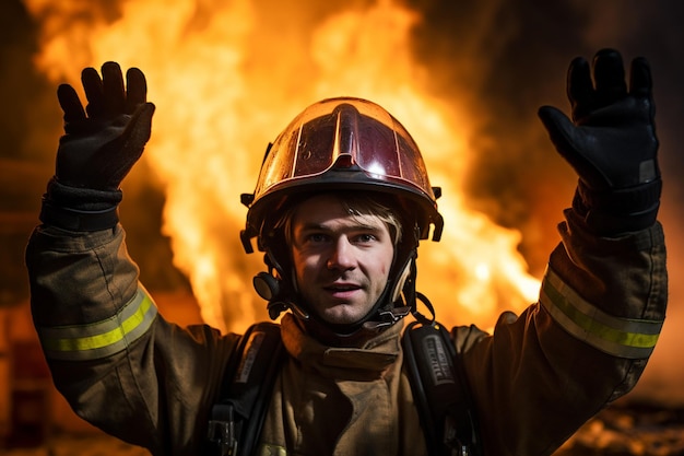 un bombero levantando la mano a su cara de un ai generativo