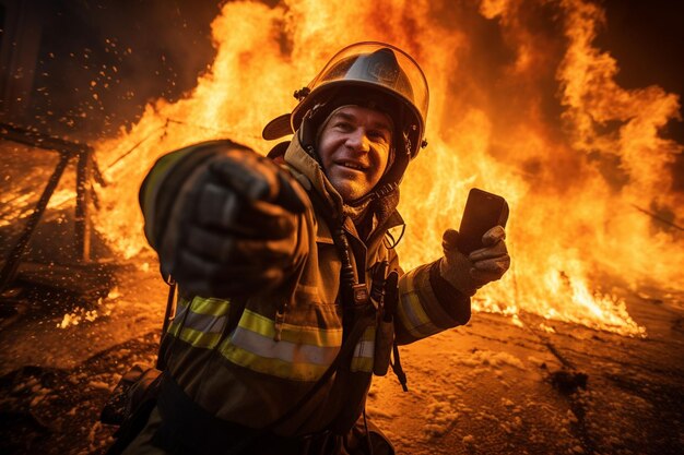 un bombero en llamas tomando una foto de sí mismo