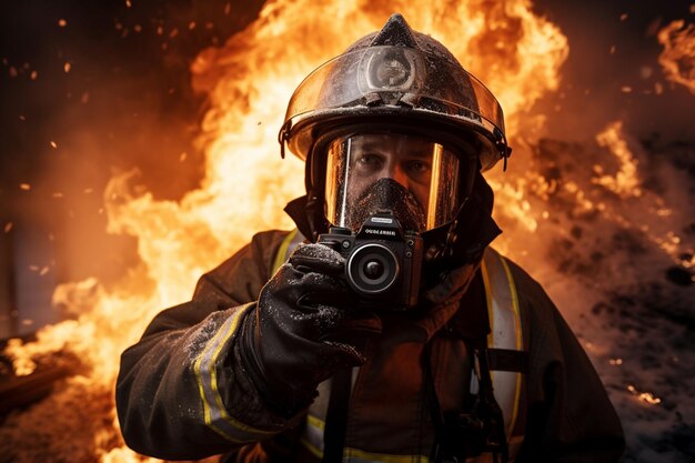 un bombero en llamas tomando una foto de sí mismo