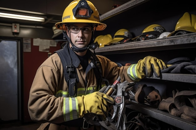 Bombero con llave de casco y guantes en una estación de bomberos creada con IA generativa