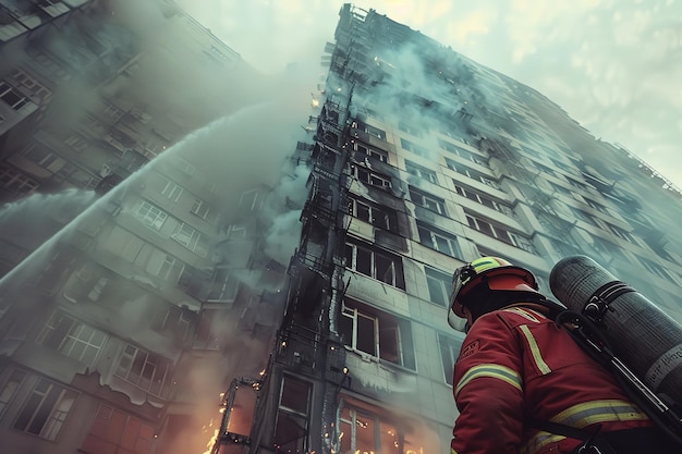 Un bombero lucha contra un incendio que envuelve un edificio de gran altura