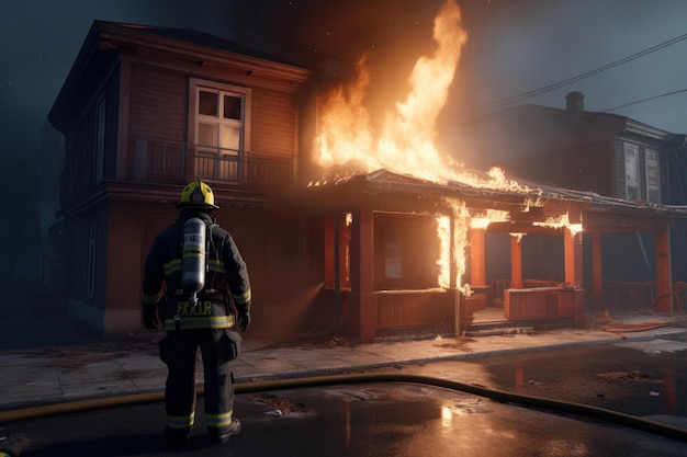 Bombero lucha contra un incendio usando su manguera para salvar un edificio en llamas