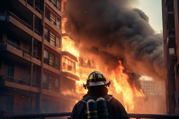 Bombero luchando contra un infierno furioso en un edificio de gran altura