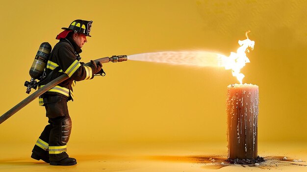 Foto un bombero con una manguera de fuego que dice fuego en la espalda