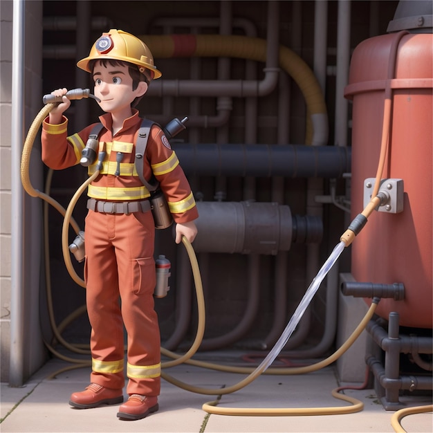 un bombero con una manguera en la mano y una manguera delante.