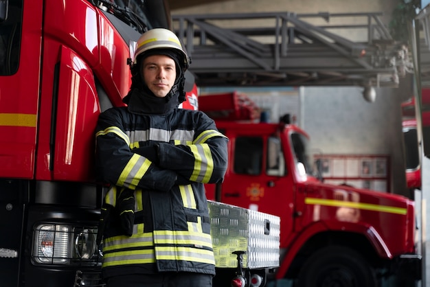 Foto bombero masculino en la estación equipada con traje y casco de seguridad