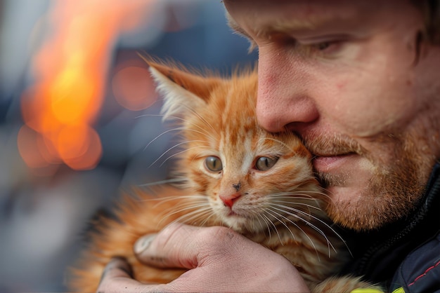 Un bombero masculino sostiene un gatito en sus brazos