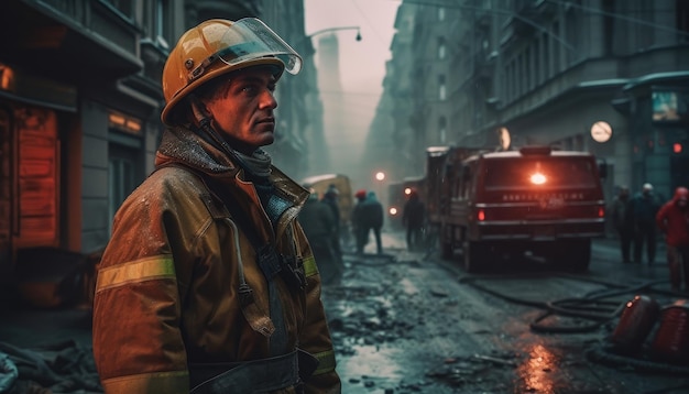 Bombero de pie en una ciudad peligrosa IA generativa