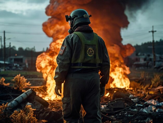 Foto un bombero está de pie frente a un fuego ardiente que está delante de un fuego que ha sido destruido