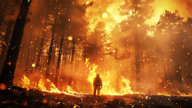 Foto bombero de pie en medio de un incendio forestal enfurecido