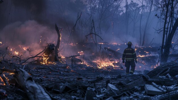 Foto un bombero de pie en medio de las ruinas ardientes inspeccionando las secuelas de un feroz incendio forestal