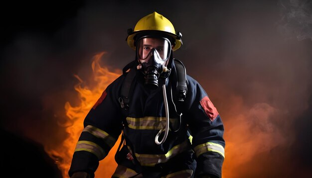 Un bombero profesional vestido con uniforme y una máscara de oxígeno