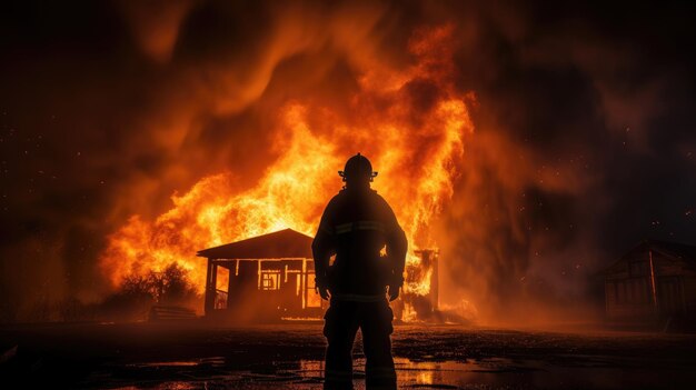 Bombero recortado intenta apagar una casa en llamas