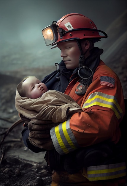 Bombero rescatando a un bebé en una catástrofe creada con tecnología de IA generativa