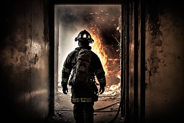 Bombero revisando el interior de un edificio en llamas en busca de ocupantes o peligros