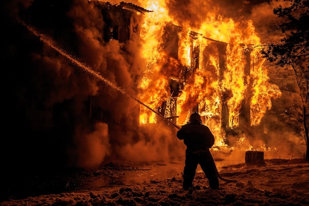 Bombero rociando agua sobre un fuego ardiente por la noche